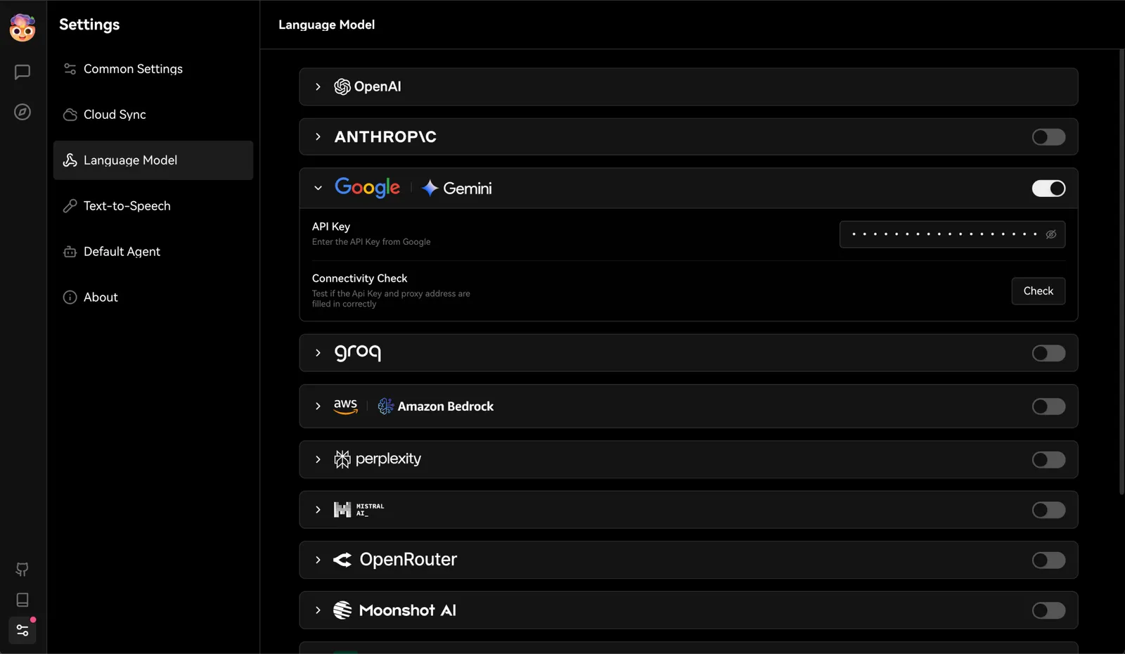 LobeChat 中填写 Google Gemini API 密钥